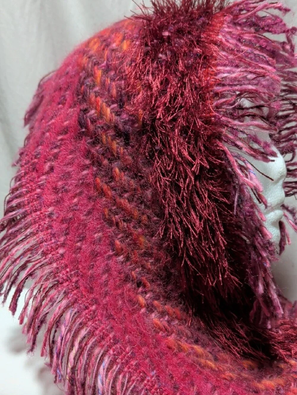 Fringed Hooded Scarf Wrap in Deep Magenta Warm & Cozy